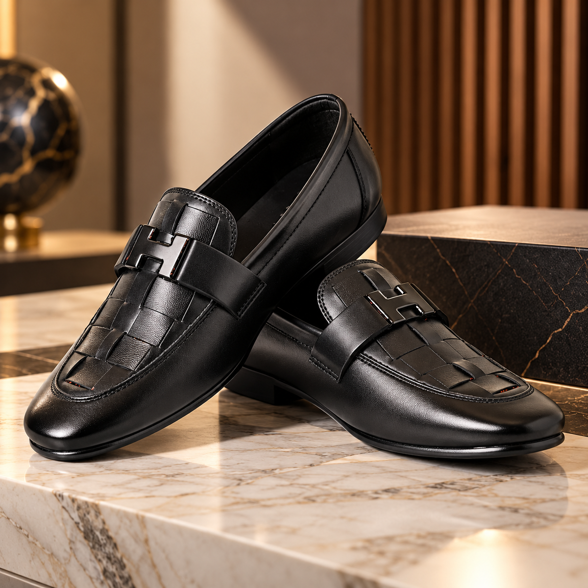 Premium H Buckle Black Formal Loafer